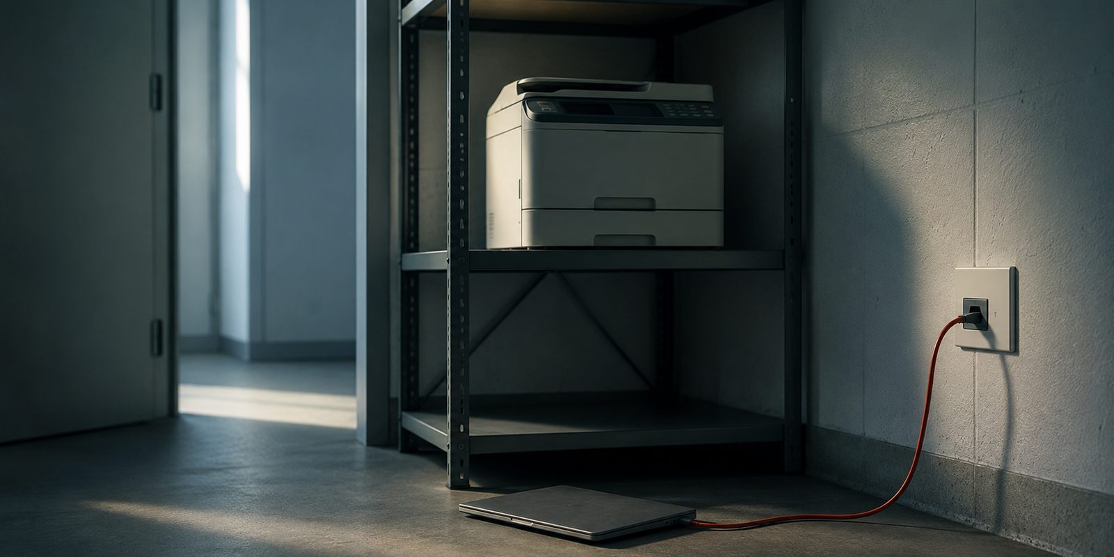 Et halvmørkt printerrum. En netværksprinter står på en metalreol, og på gulvet
              nedenunder ligger en lukket bærbar computer med et rødt netværkskabel, der løber
              op til et RJ45-stik i væggen. Der er ingen mennesker i rummet.